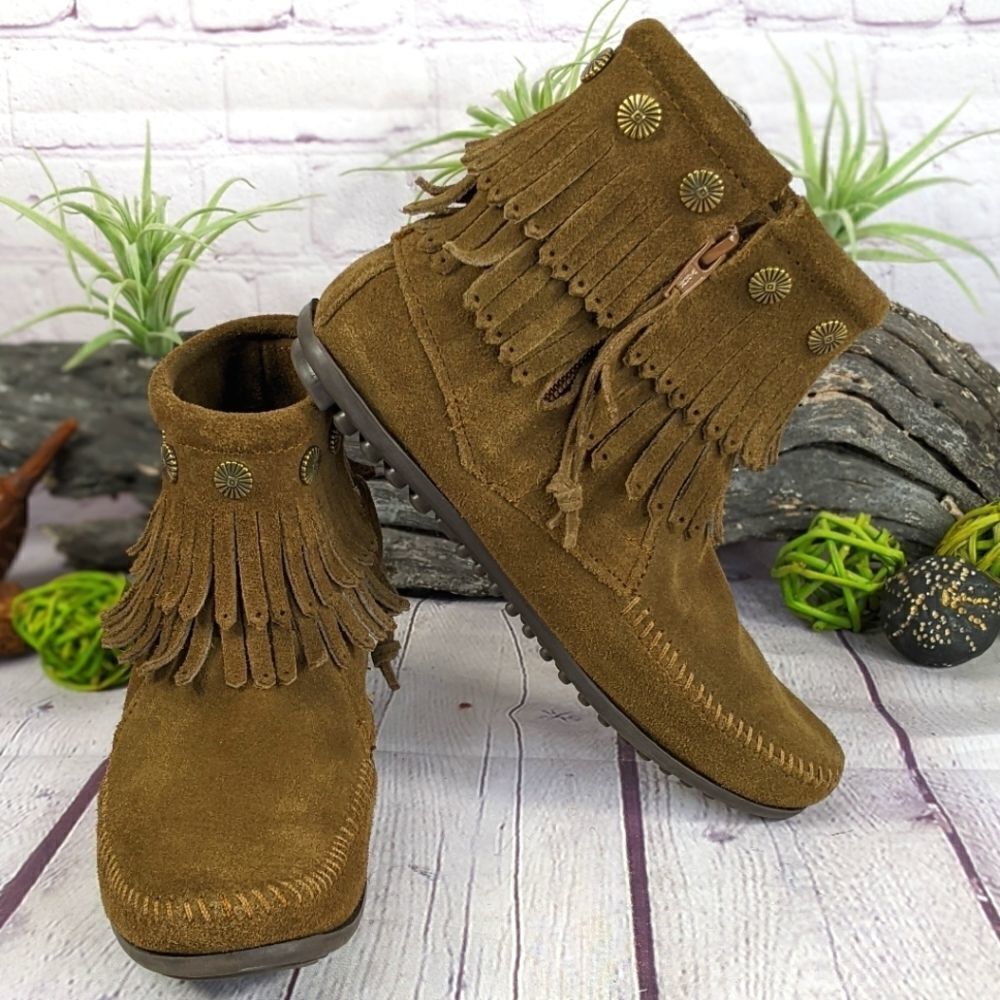 Minnetonka Double Fringe Side Zip Moccasin Boot